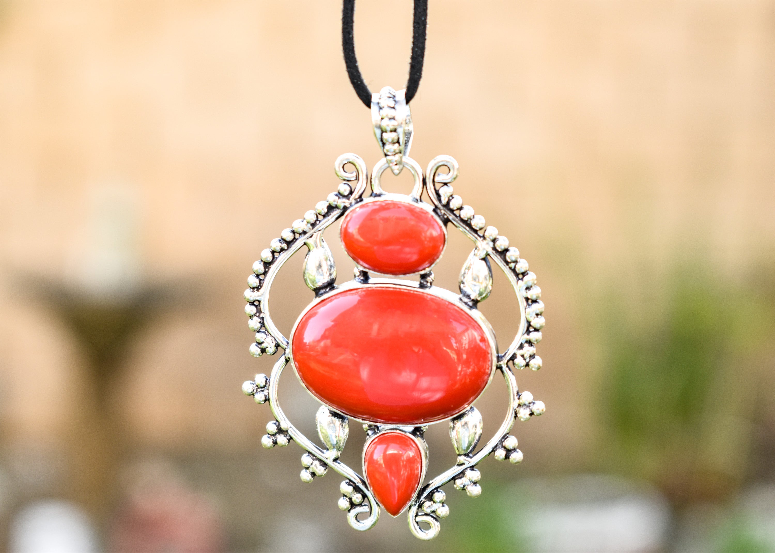 Pink Lace Agate, good Red Coral and Peridot Pendant